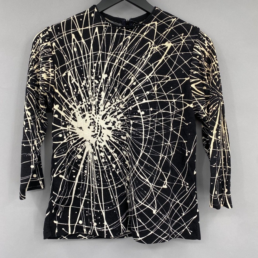 Vintage 70s ZIO by Youngja Abstract Spiderweb Print Mock Neck Top Black S-M Art